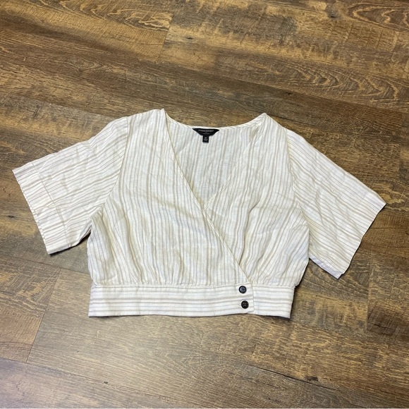 Banana Republic Linen Blend Blouse Top Size Medium Neutral Capsule Striped Beige - Picture 2 of 10